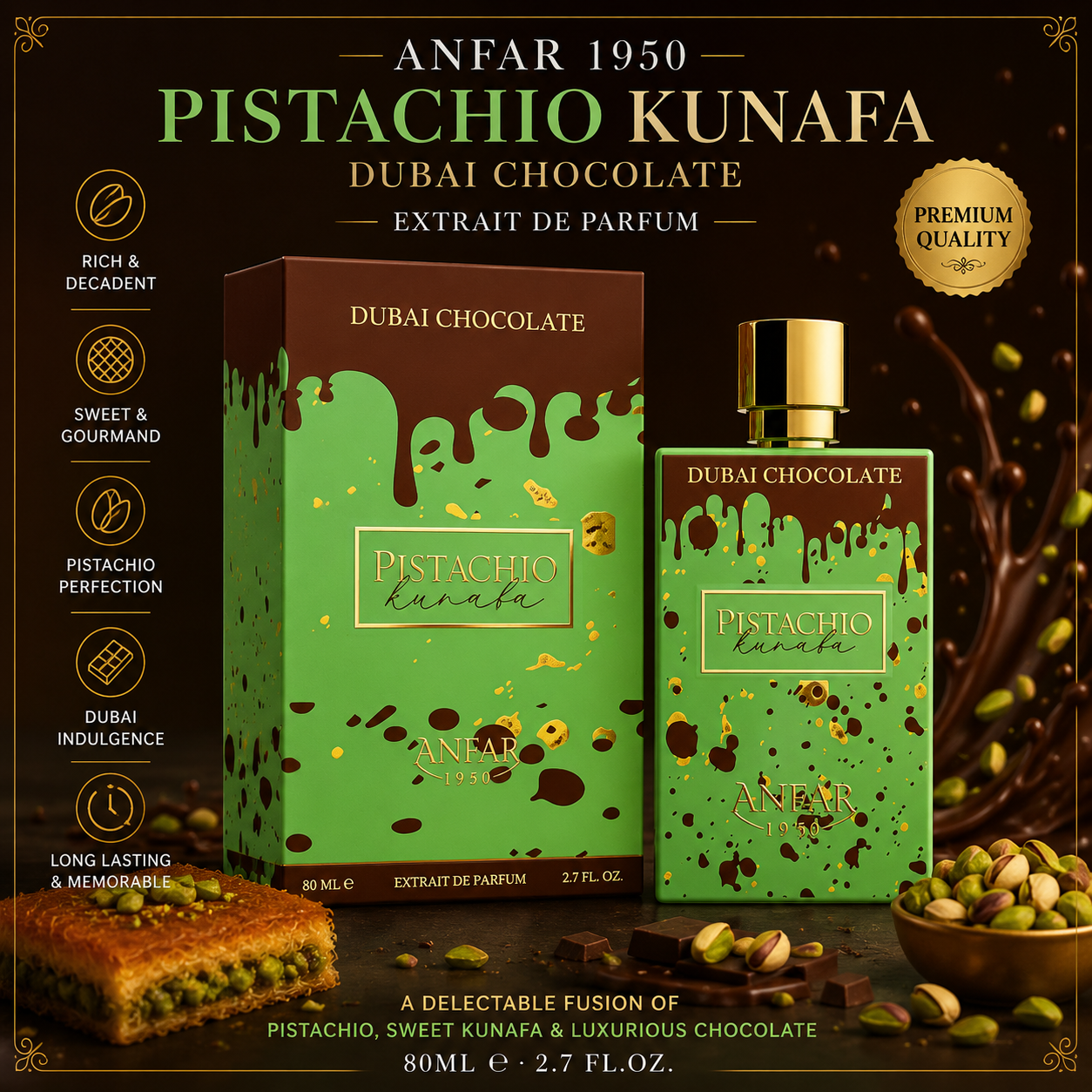 Dubai Chocolate Pistachio Kunafa Extrait de Parfum by Anfar Spray 80ml