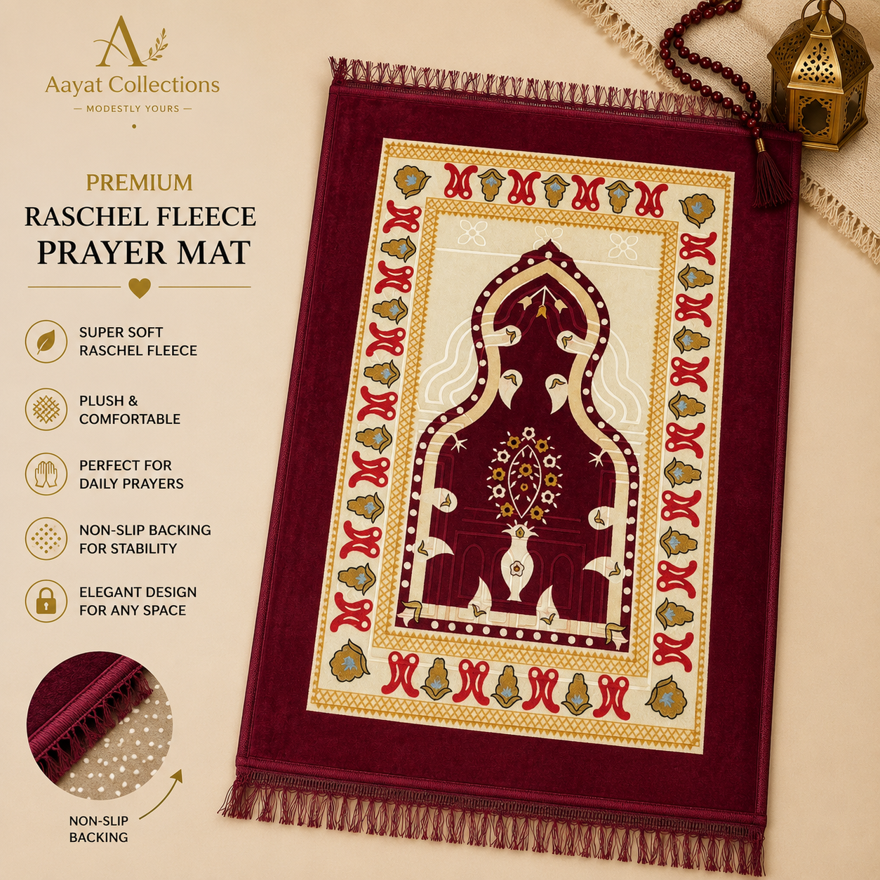 Premium Raschel Fleece Prayer Mat - Burgundy Palace Arch